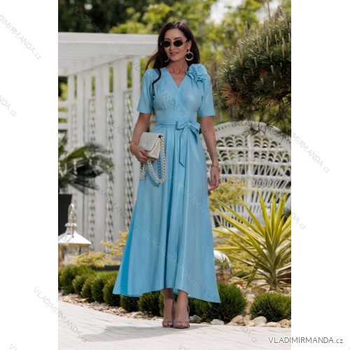 Women's Long Elegant Dress with Wide Straps (SL) FRENCH FASHION FMPEL23VELVET Light blue 38