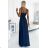 498-1 Long dress with a neckline and double straps - navy blue with glitter