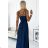 498-1 Long dress with a neckline and double straps - navy blue with glitter
