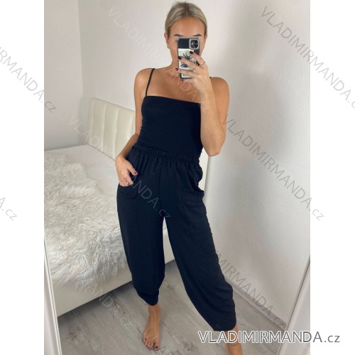 Women's Long Summer Pants with Belt (S/M ONE SIZE) ITALIAN FASHION IMD24080 -   black -   S / M