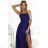 566-1 PERLA Long shimmering gown with unique back tie - navy blue