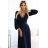 572-1 NELA shiny long gown with neckline and long sleeves - navy blue