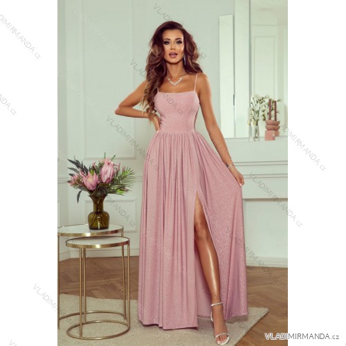 Women's Long Elegant Dress with Wide Straps (SL) FRENCH FASHION FMPEL23VELVET pink 34