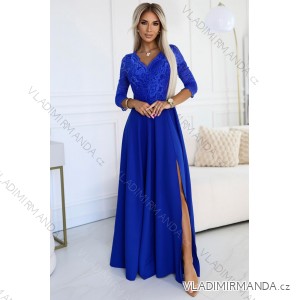 309-12 AMBER elegant lace long dress with a neckline - Royal blue