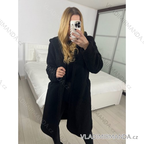 Kabát beránkový s kapucí dlouhý rukáv dámský (S/M/L ONE SIZE) ITALSKÁ MÓDA IMWDD24257 -   black -   S/M/L