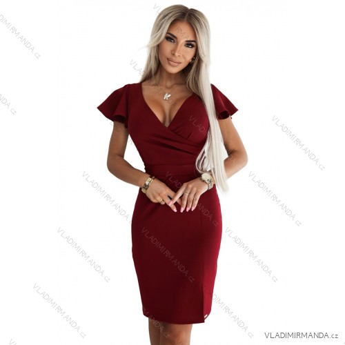 479-7 NINA elegant dress with envelope neckline, sleeve and belt - burgundy color