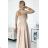 309-10 AMBER lace, elegant long dress with a neckline and leg slit - beige beige L