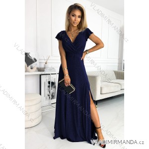 411-3 CRYSTAL long shimmering dress with a neckline - navy blue