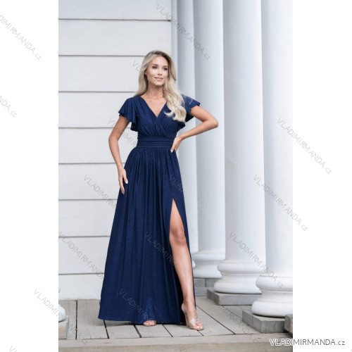 Women's Long Elegant Dress with Wide Straps (SL) FRENCH FASHION FMPEL23VELVET dark blue 44