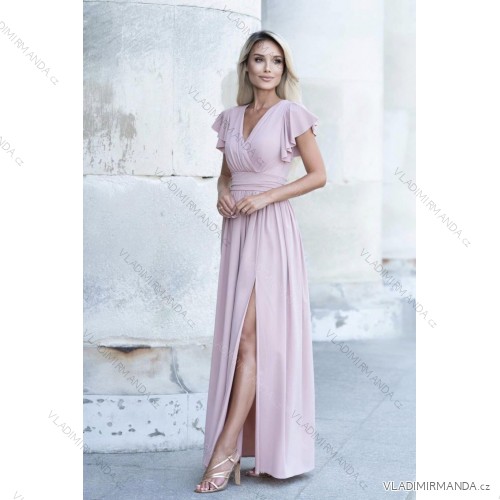 Women's Long Elegant Dress with Wide Straps (SL) FRENCH FASHION FMPEL23VELVET rose old rose 34