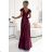 411-10 CRYSTAL satin long dress with a neckline - Burgundy color wine L