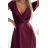 411-10 CRYSTAL satin long dress with a neckline - Burgundy color wine L