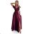 411-10 CRYSTAL satin long dress with a neckline - Burgundy color wine L