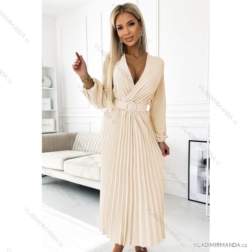 504-7 VIVIANA Pleated midi dress with scoop neckline, long sleeves and wide belt - light beige