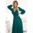 572-4 NELA shiny long dress with neckline, long sleeves and leg slit - green