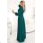 572-4 NELA shiny long dress with neckline, long sleeves and leg slit - green