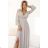 572-3 NELA shiny long dress with a neckline, long sleeves and a leg slit - beige