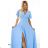 581-3 JENNIFER long dress with leg slit, sleeve and neckline - light blue Light blue L