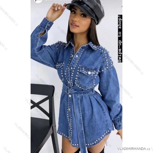 Women's Denim Shirt Long Sleeve Dress with Studs (uni s-l) ITALIAN MODA JMK20006
