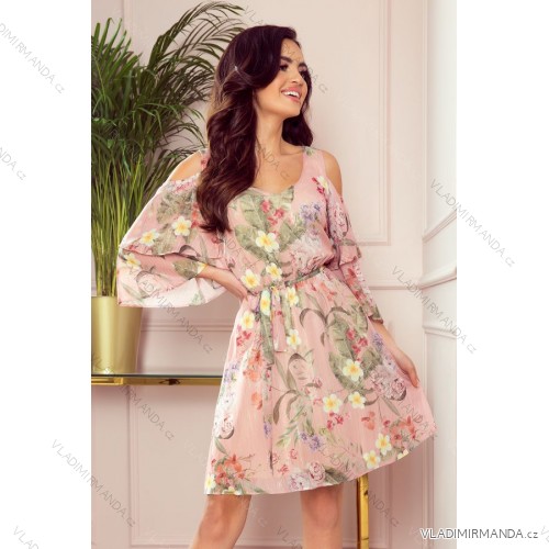 292-1 MARINA Flimsy Dress with a Neckline - Pink with Flowers
