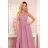 362-1 JUSTINE Long dress with a neckline and a tie - powder pink with glitter