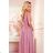 362-1 JUSTINE Long dress with a neckline and a tie - powder pink with glitter