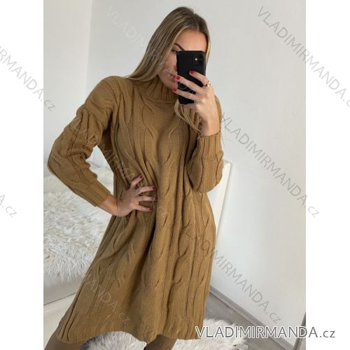 Šaty pletené dlouhý rukáv dámské (S/M ONE SIZE) ITALSKÁ MÓDA IMWAA223619 L / XL Brown