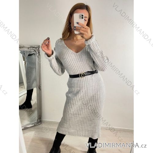 Women's Belted Long Sleeve Knitted Dress (S/M ONE SIZE) ITALIAN FASHION IMWA223040