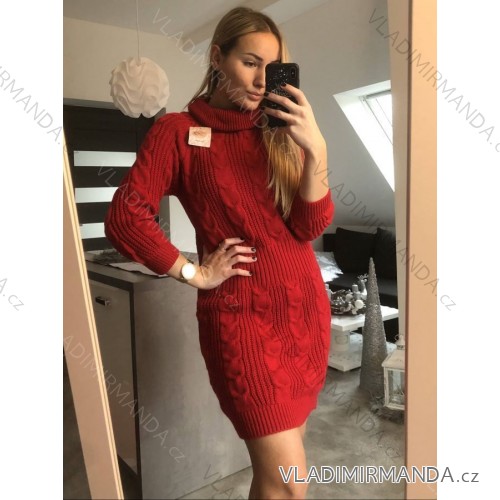 Women's Plus Size Knitted Turtleneck Long Sleeve Dress (L/XL/2XL ONE SIZE) ITALIAN FASHION IM4221085 red L / XL