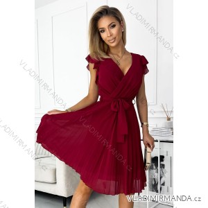 374-2 POLINA Pleated dress with a neckline and frills - Burgundy color