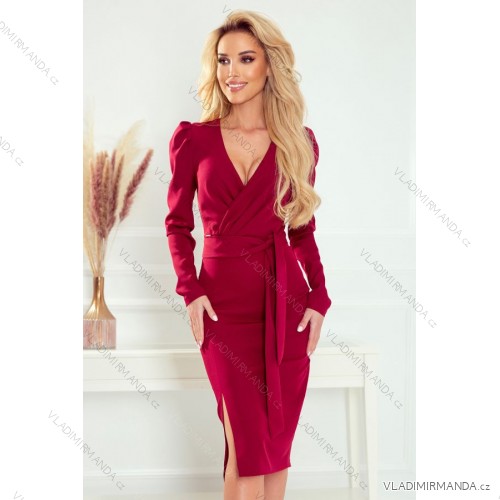 409-1 EDITTA elegant dress with a neckline and puffs - burgundy