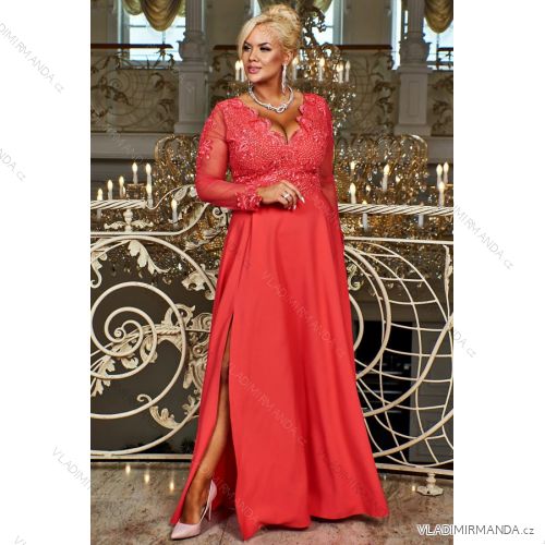 Dress Long Elegant Party 3/4 Sleeve Women's Plus Size (44-54) POLISH FASHION PMLBF23ID3279 Coral 44