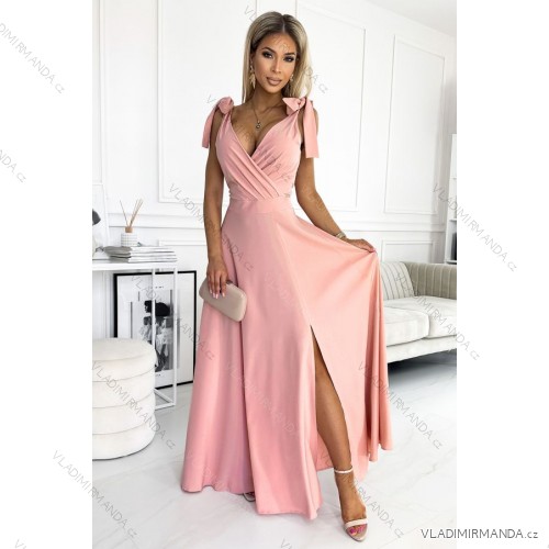 405-3 ELENA Long dress with a neckline and ties on the shoulders - dirty pink