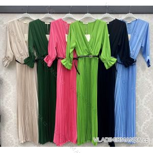 Women's Long Elegant Pleated Skirt Belt Long Sleeve Dress (S/M ONE SIZE) ITALIAN FASHION IMWB23233