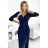 404-2 Shiny dress with a neckline and a slit on the leg - navy blue