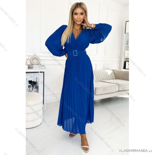 414-5 KLARA pleated dress with a belt and a neckline - royal blue