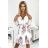 415-2 YSABEL Pleated dress with a neckline, long sleeves and a belt - white with roses