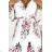 415-2 YSABEL Pleated dress with a neckline, long sleeves and a belt - white with roses